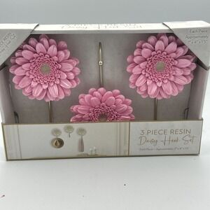 Pink Floral Daisy Wall Hooks Pink Set Of 3 Gold Hooks 7x4"